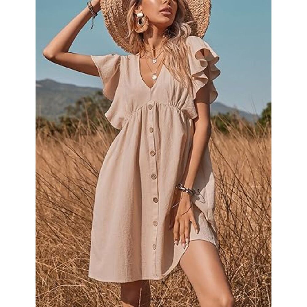 Ruffle Sleeve V Neck High Waist Button Down Babydoll Tunic Dress Size Medium